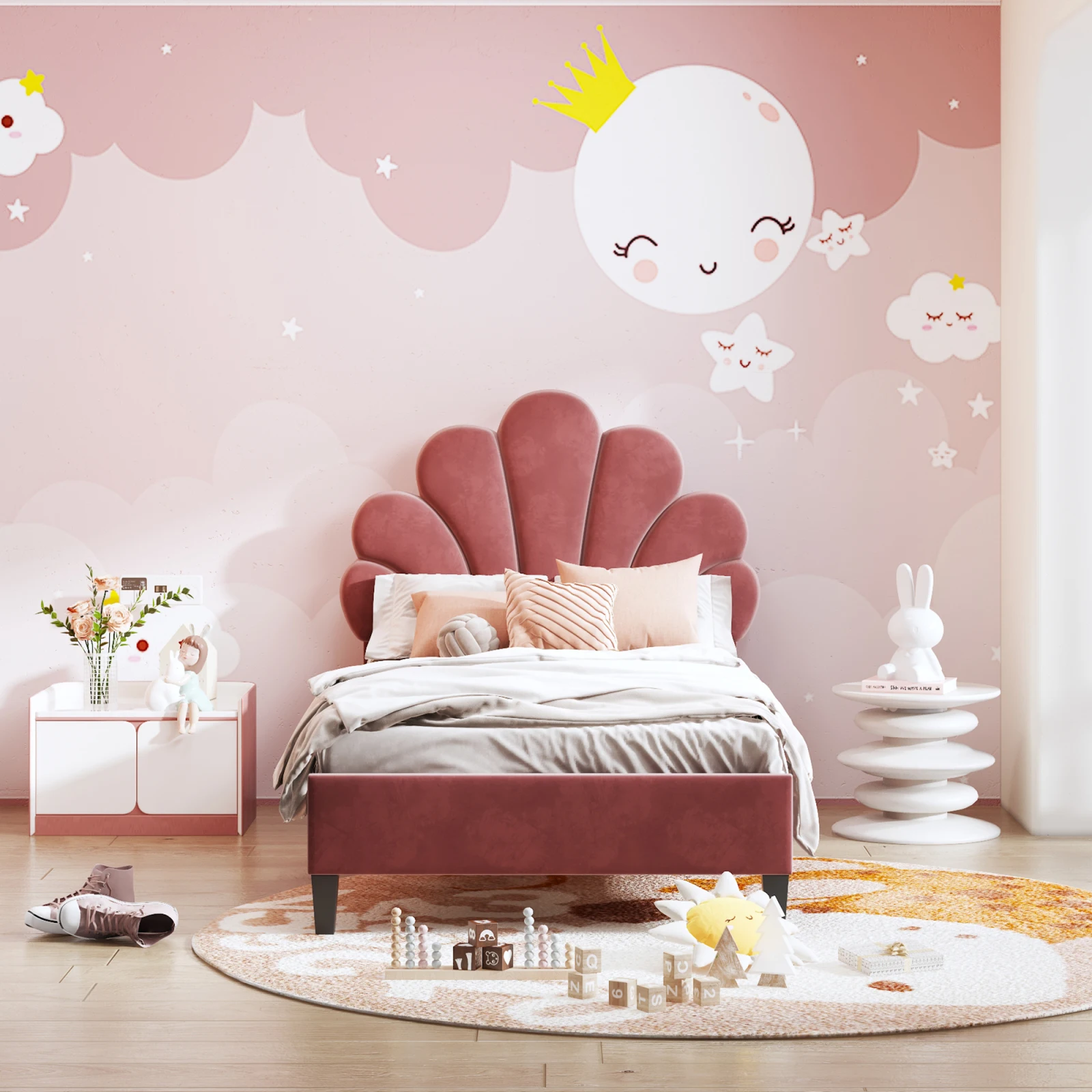 Rosahqnda Children bed Single bed Upholstery bed 90x200cm Floral Headboard and Slatted Slatt Fabric girls bed Without Mattress