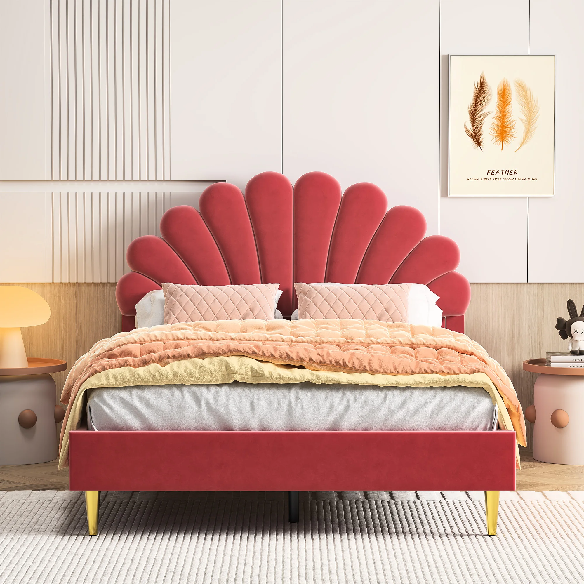 Rosahqnda Children bed Single bed Upholstery bed 90x200cm Floral Headboard and Slatted Slatt Fabric girls bed Without Mattress