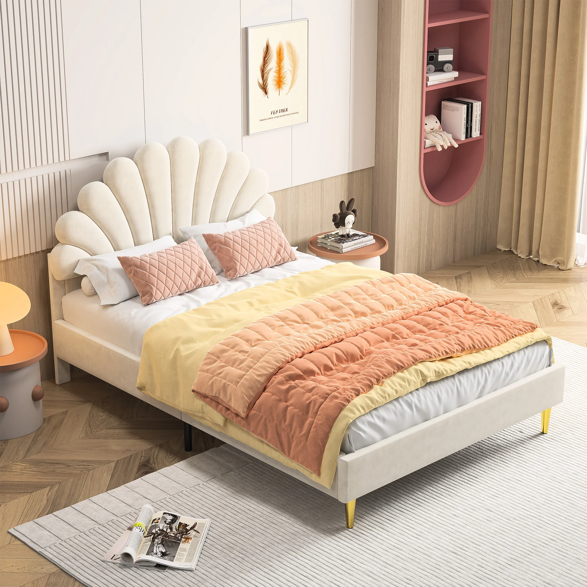 Rosahqnda Children bed Single bed Upholstery bed 90x200cm Floral Headboard and Slatted Slatt Fabric girls bed Without Mattress