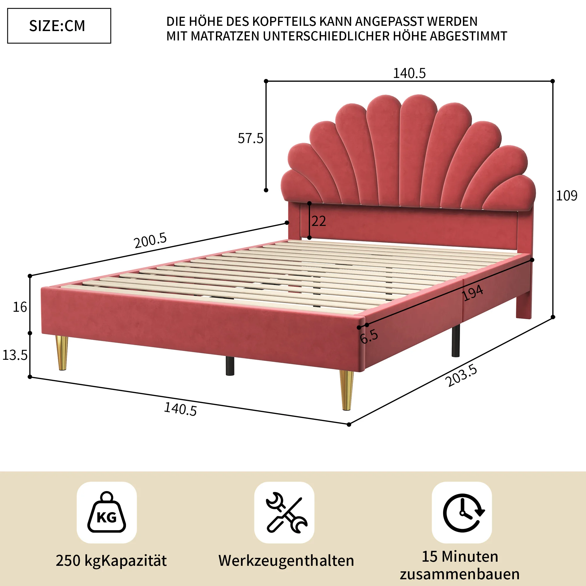 Rosahqnda Children bed Single bed Upholstery bed 90x200cm Floral Headboard and Slatted Slatt Fabric girls bed Without Mattress