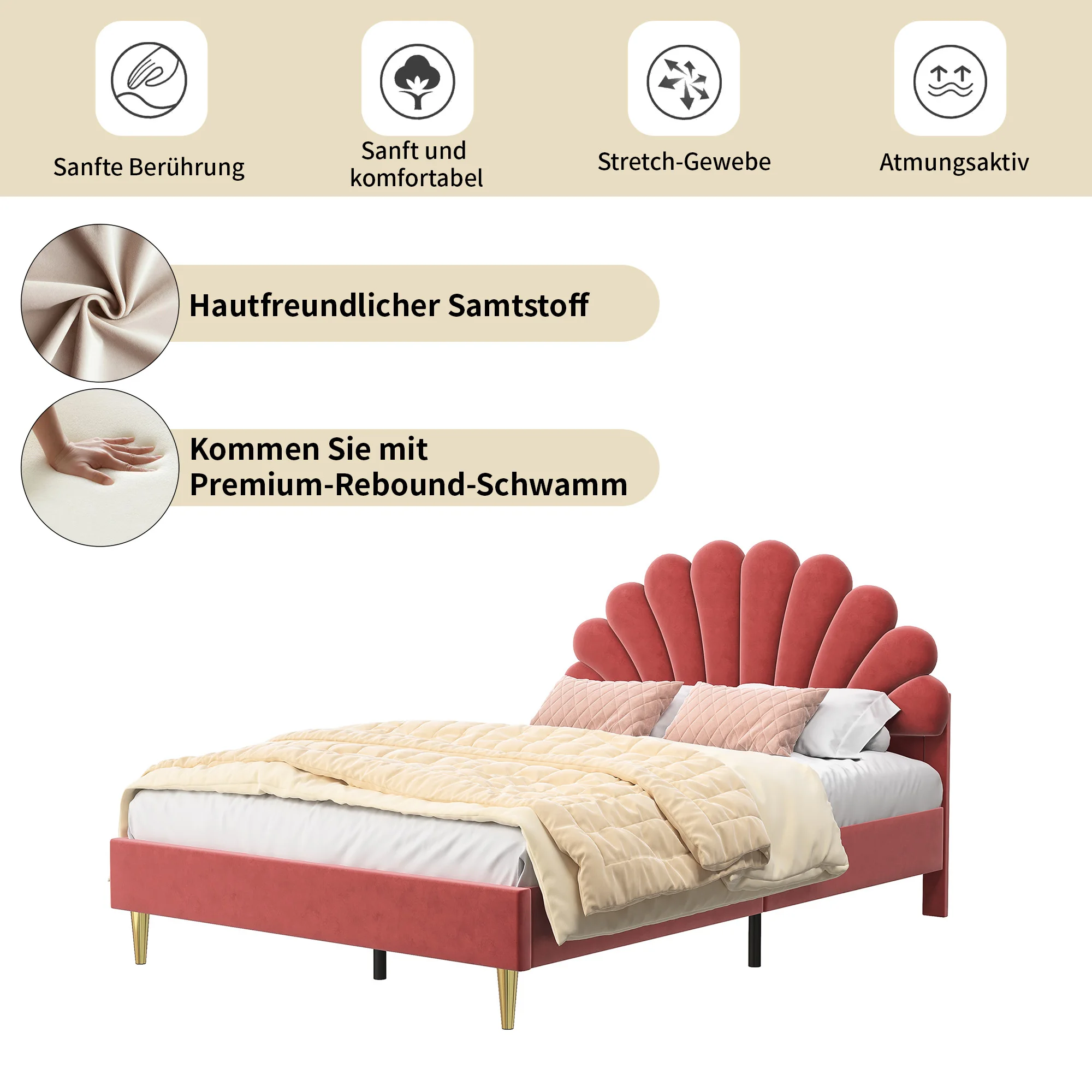 Rosahqnda Children bed Single bed Upholstery bed 90x200cm Floral Headboard and Slatted Slatt Fabric girls bed Without Mattress