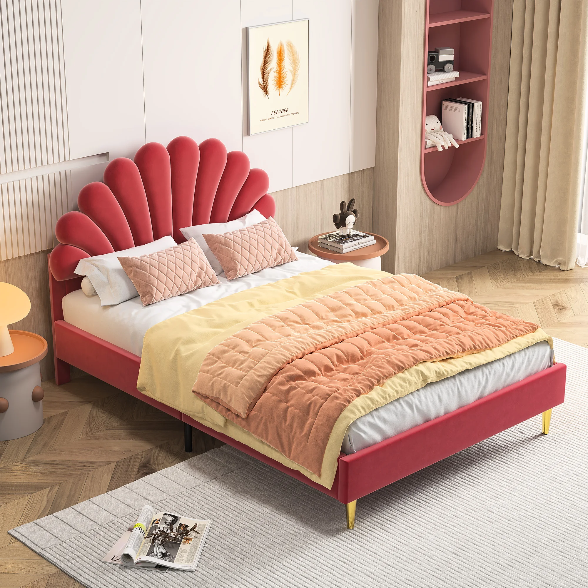 Rosahqnda Children bed Single bed Upholstery bed 90x200cm Floral Headboard and Slatted Slatt Fabric girls bed Without Mattress