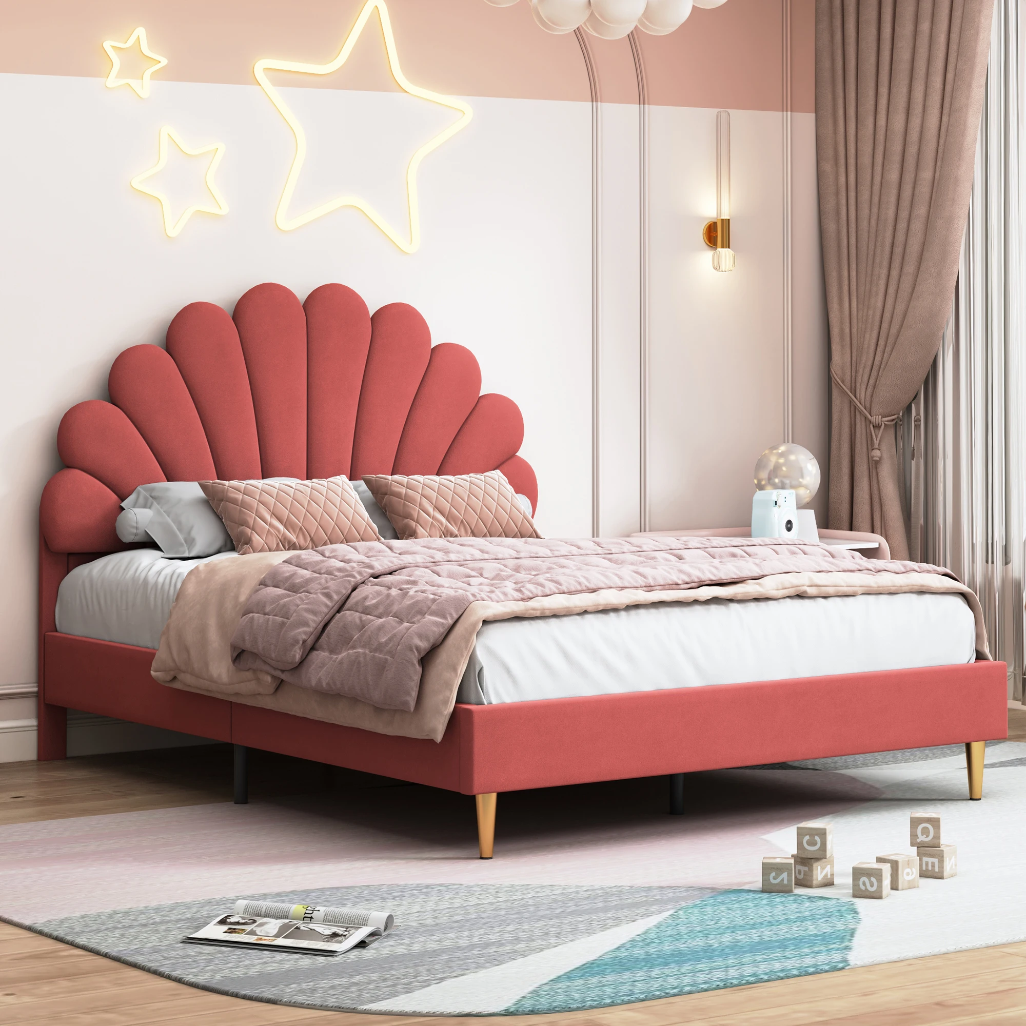 Rosahqnda Children bed Single bed Upholstery bed 90x200cm Floral Headboard and Slatted Slatt Fabric girls bed Without Mattress