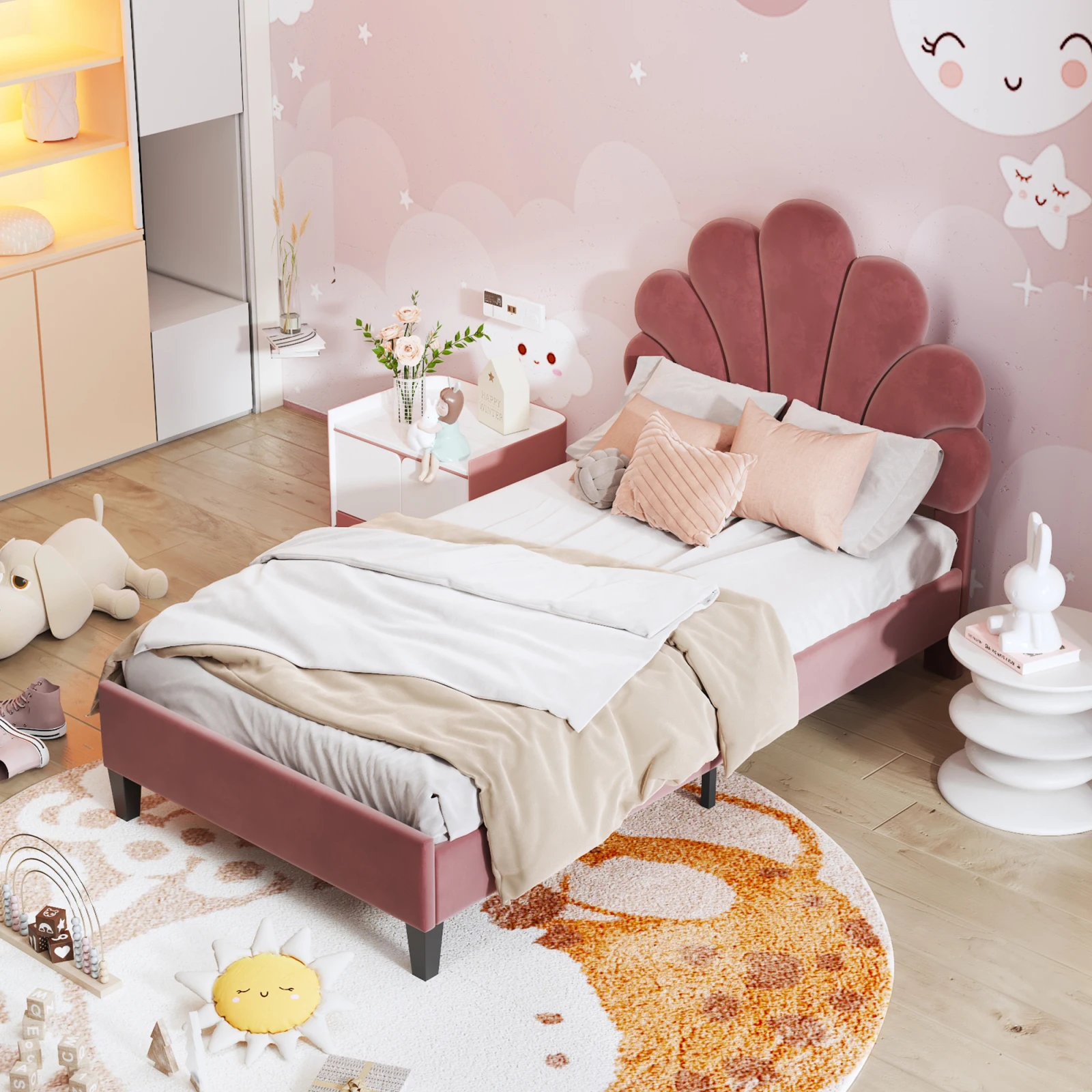 Rosahqnda Children bed Single bed Upholstery bed 90x200cm Floral Headboard and Slatted Slatt Fabric girls bed Without Mattress