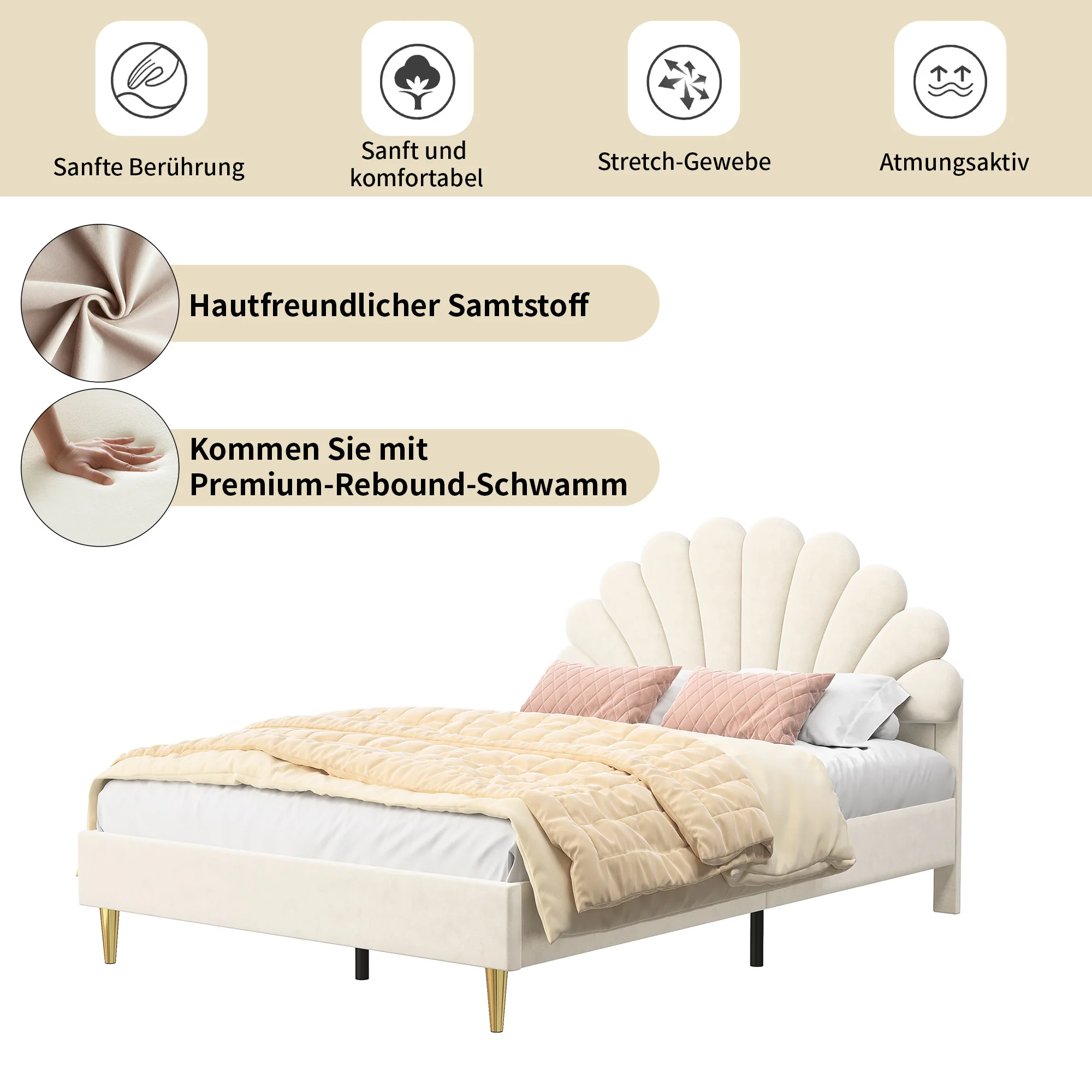 Rosahqnda Children bed Single bed Upholstery bed 90x200cm Floral Headboard and Slatted Slatt Fabric girls bed Without Mattress