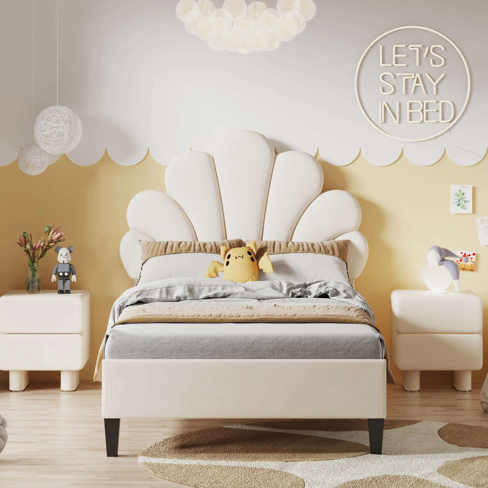 Rosahqnda Children bed Single bed Upholstery bed 90x200cm Floral Headboard and Slatted Slatt Fabric girls bed Without Mattress