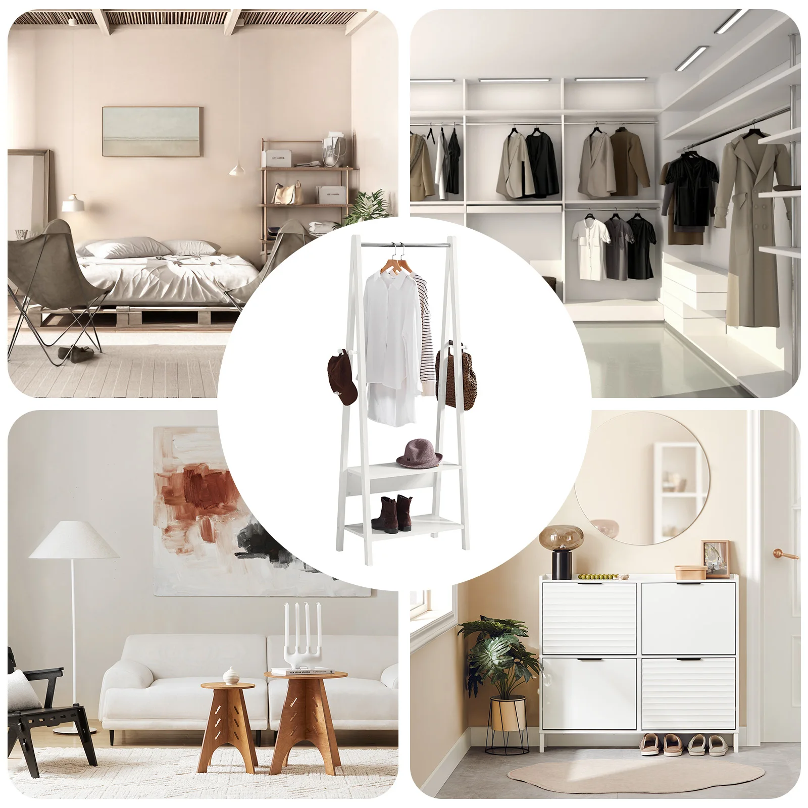 SoBuy FRG59-W dresses stand with 2 shelves, Modern Hanging Bar & Freestanding dresses stand for Bedroom & Hallway White