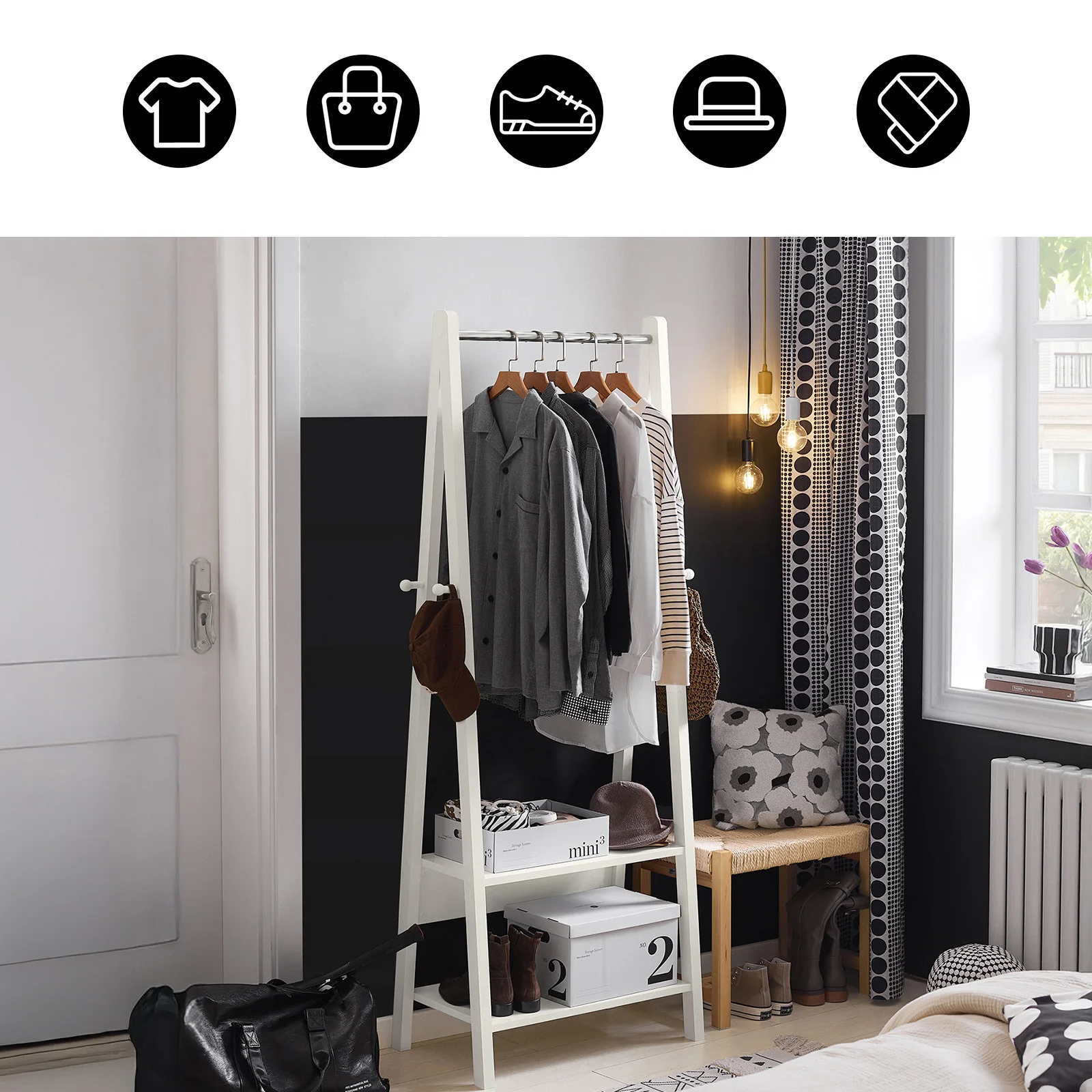 SoBuy FRG59-W dresses stand with 2 shelves, Modern Hanging Bar & Freestanding dresses stand for Bedroom & Hallway White