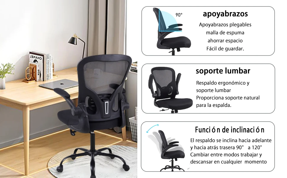 Ralex-chair Office Chair, Desk Chair with Flip-Up Armrests, Ergonomic Mesh Office Chair with Lumbar Support, Black