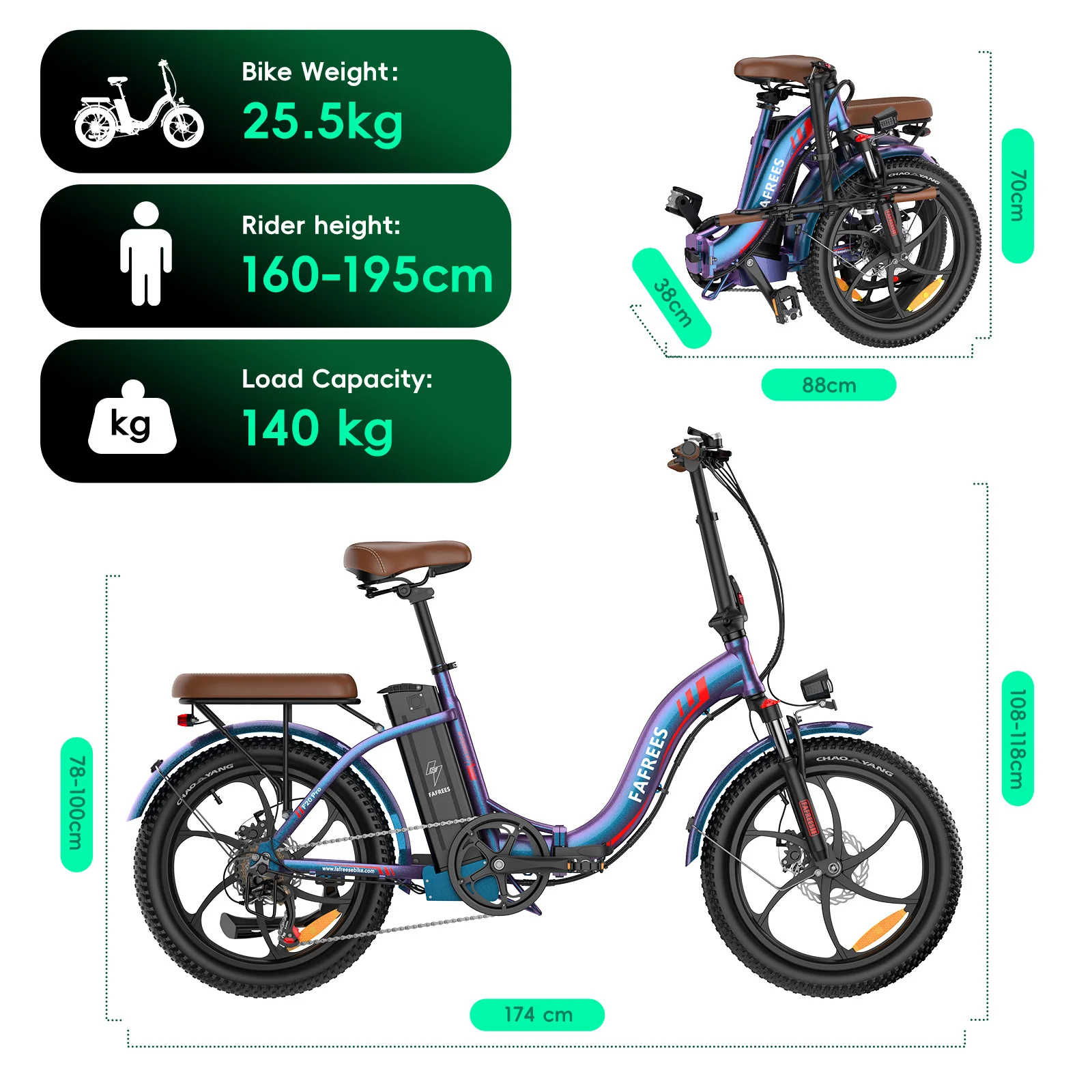 Fafrees Folding Electric Bicycle Adults 20x3.0 Fat Tire City E-bike with 36V 20Ah Removable Battery 100km Range
