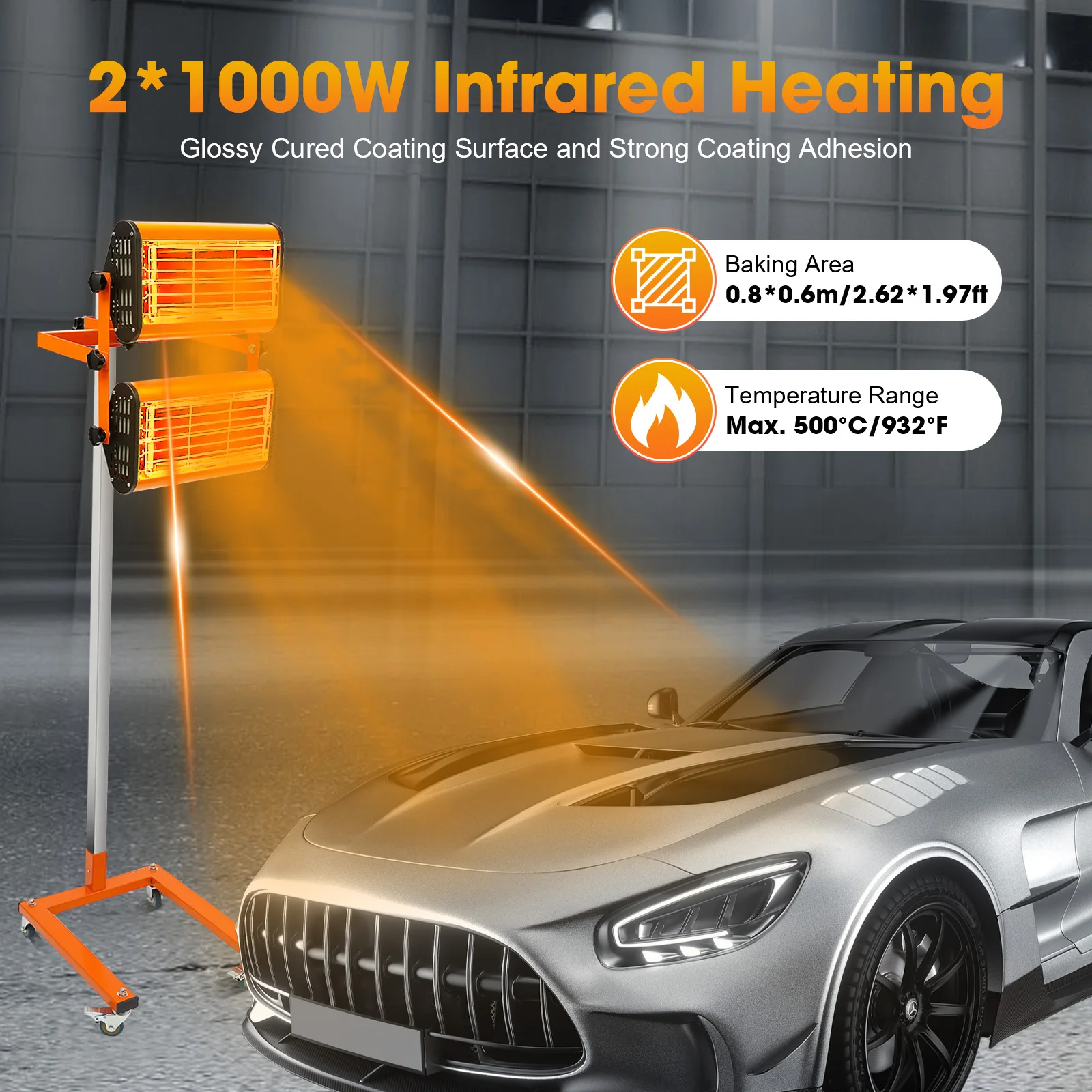 Glass Tungsten Infrared Paint Dryer, 2000W 2.62*1.97ft Baking Area Dryer, Paint Curing Equipment for Auto Body Wood Metal