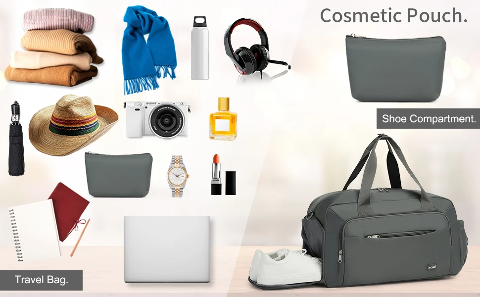 Kono Travel Bag hand luggage Set-2-Piece Weekend bag with Shoe Compartment & Cosmetic Bag bag Multi-chamber Design for Travel Sports