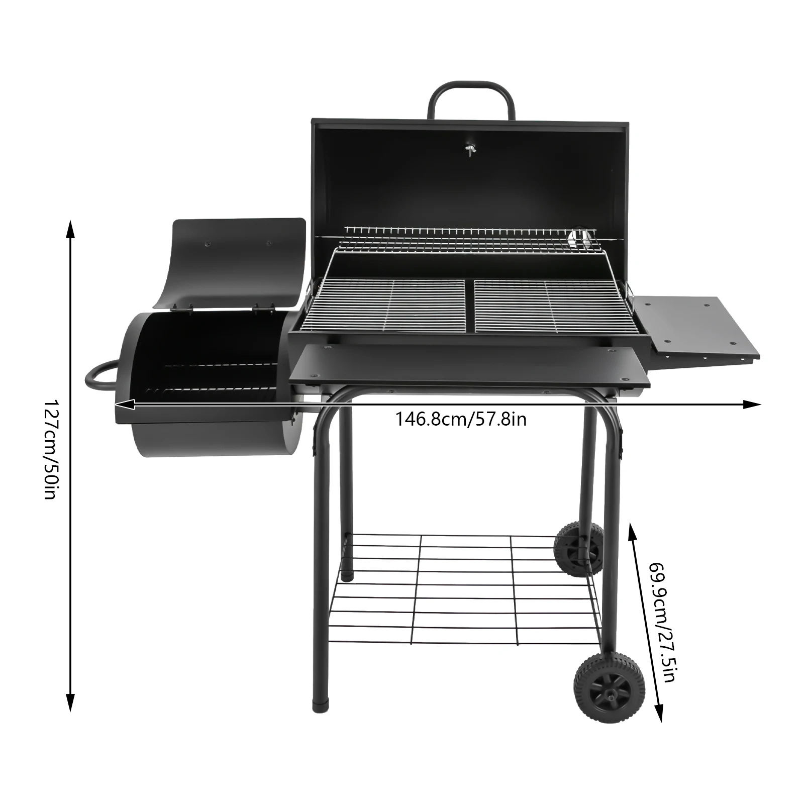 Freestanding Charcoal Grills Family Size Barbecue Smoker with Side Table, Wheels ＆ Food Shelves--147*70*126cm