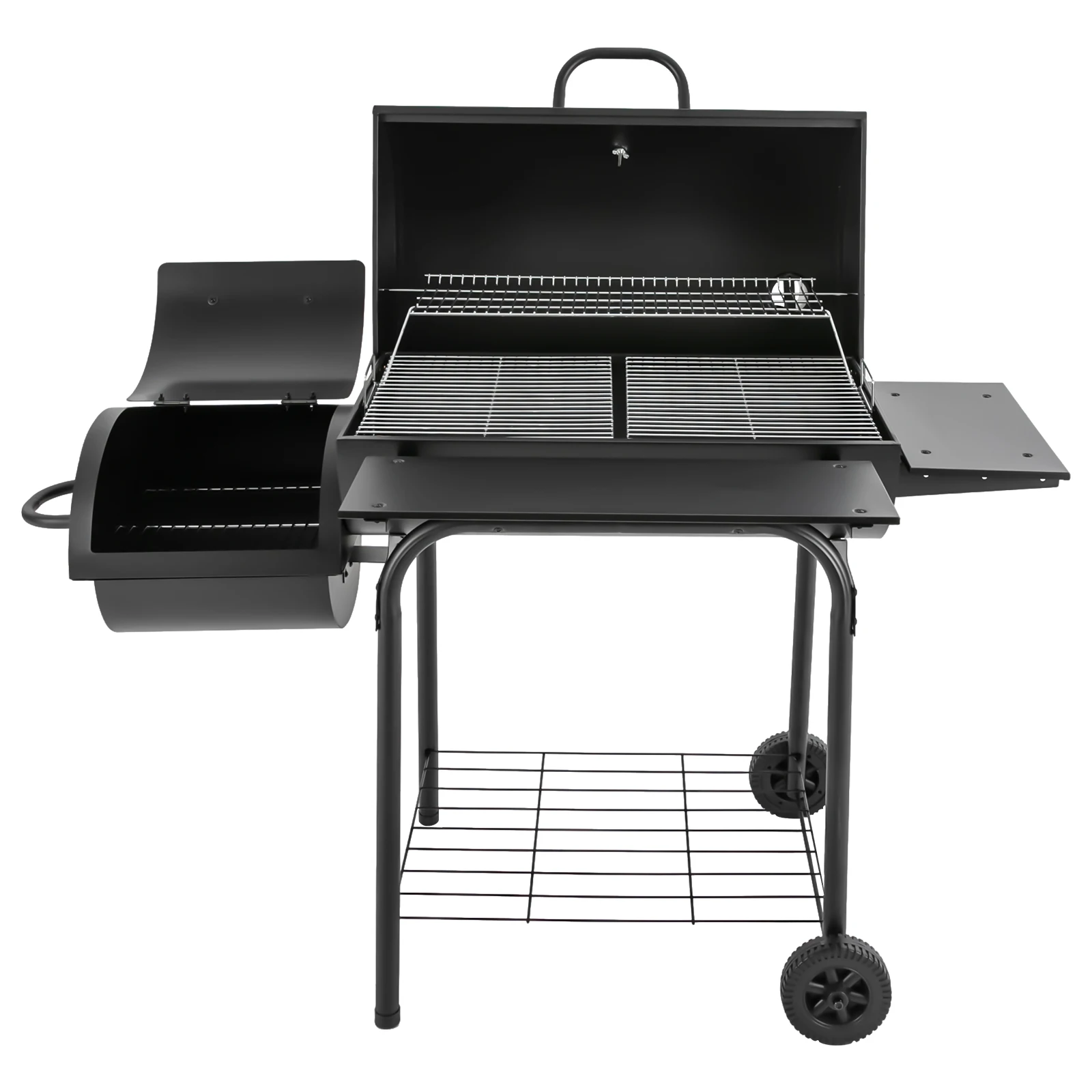 Freestanding Charcoal Grills Family Size Barbecue Smoker with Side Table, Wheels ＆ Food Shelves--147*70*126cm