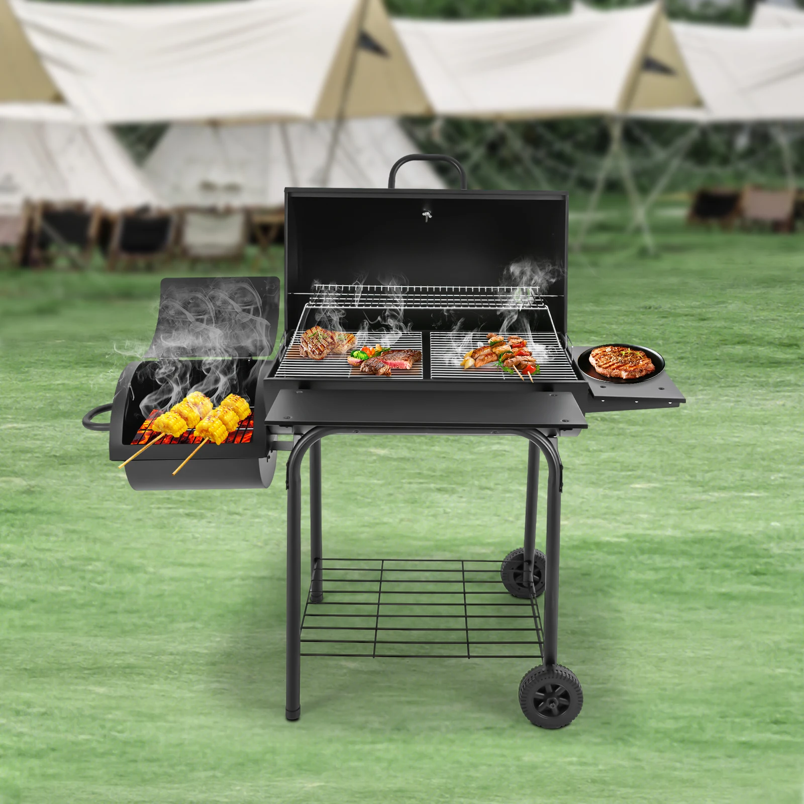 Freestanding Charcoal Grills Family Size Barbecue Smoker with Side Table, Wheels ＆ Food Shelves--147*70*126cm
