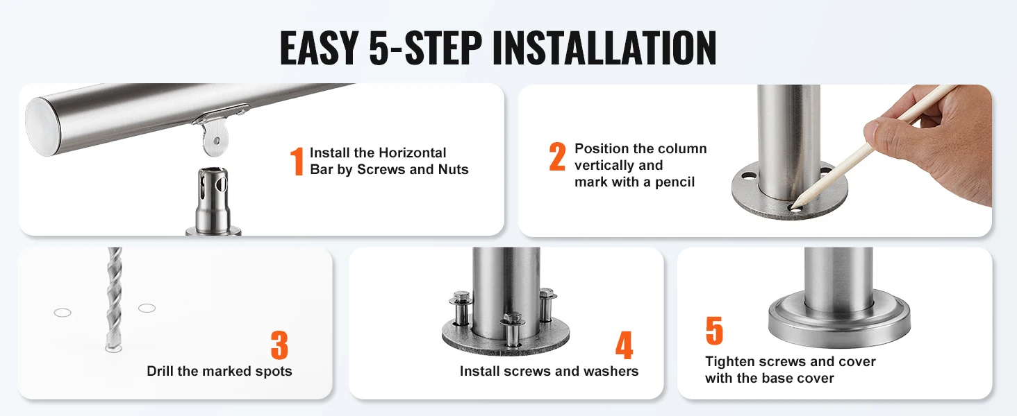 SucceBuy Handrail for Outdoor Transitional Stainless Steel Railings with Installation Kit Double-column Staircase for Porch Deck