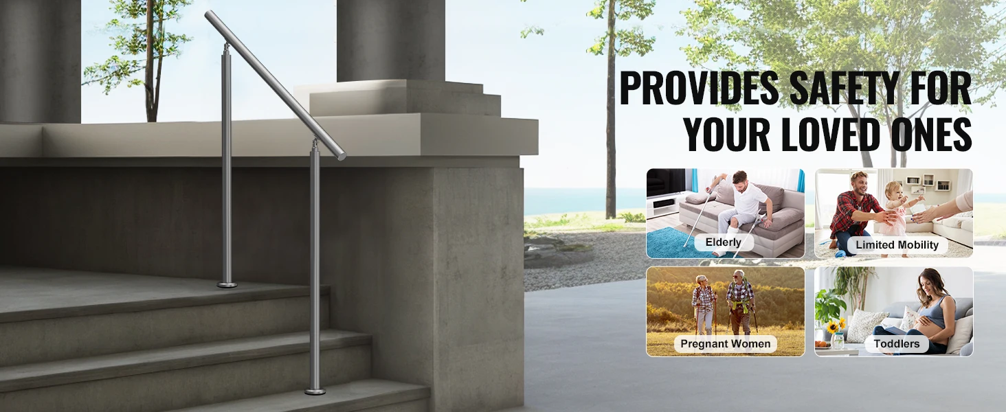 SucceBuy Handrail for Outdoor Transitional Stainless Steel Railings with Installation Kit Double-column Staircase for Porch Deck