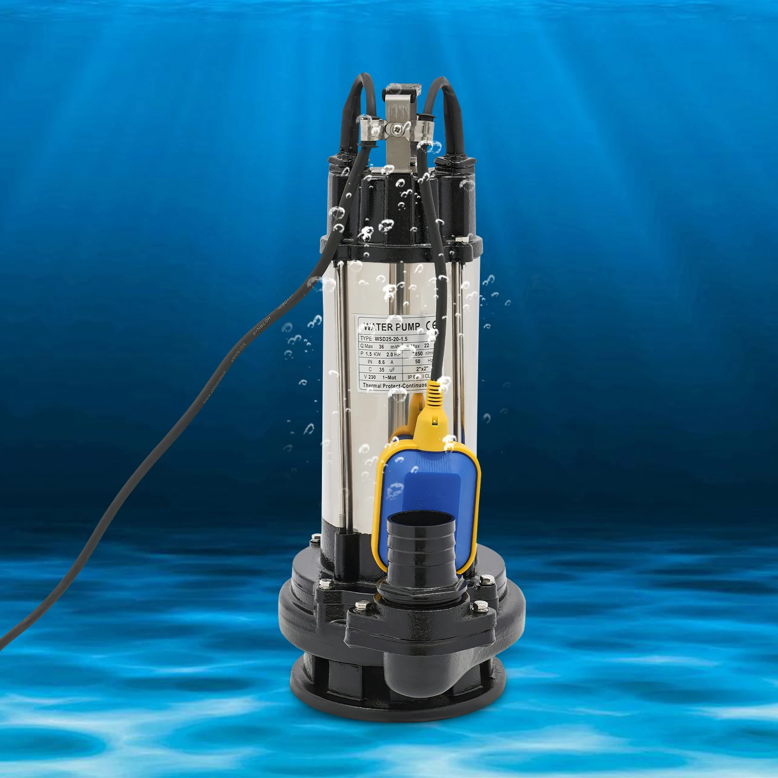 2HP Submersible Water Pump 1500W, 36000L/H Stainless Steel Sump Pump with Float Switch, Clean & Dirty Water Drainage for Swimming Pool, Farm, Industry