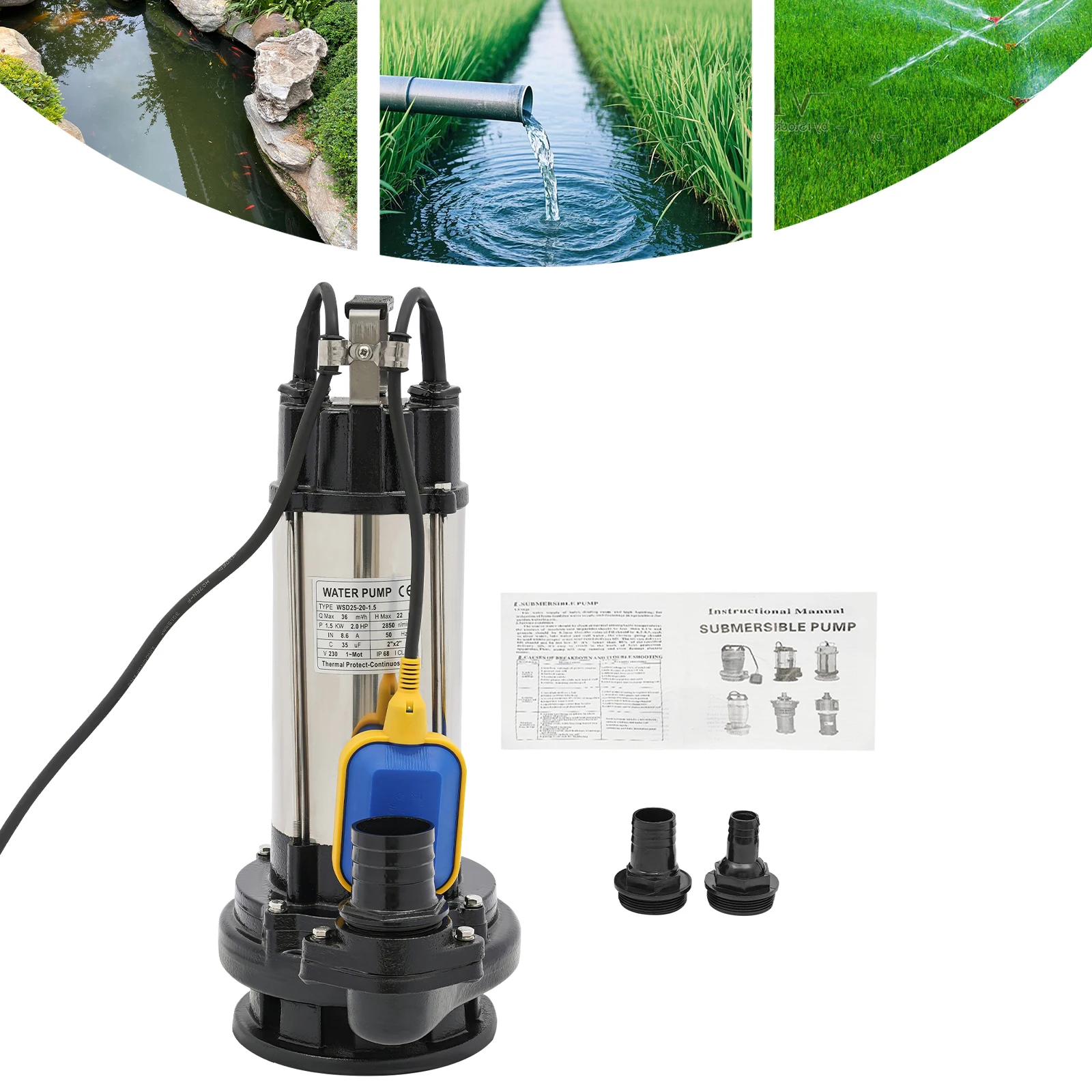 2HP Submersible Water Pump 1500W, 36000L/H Stainless Steel Sump Pump with Float Switch, Clean & Dirty Water Drainage for Swimming Pool, Farm, Industry