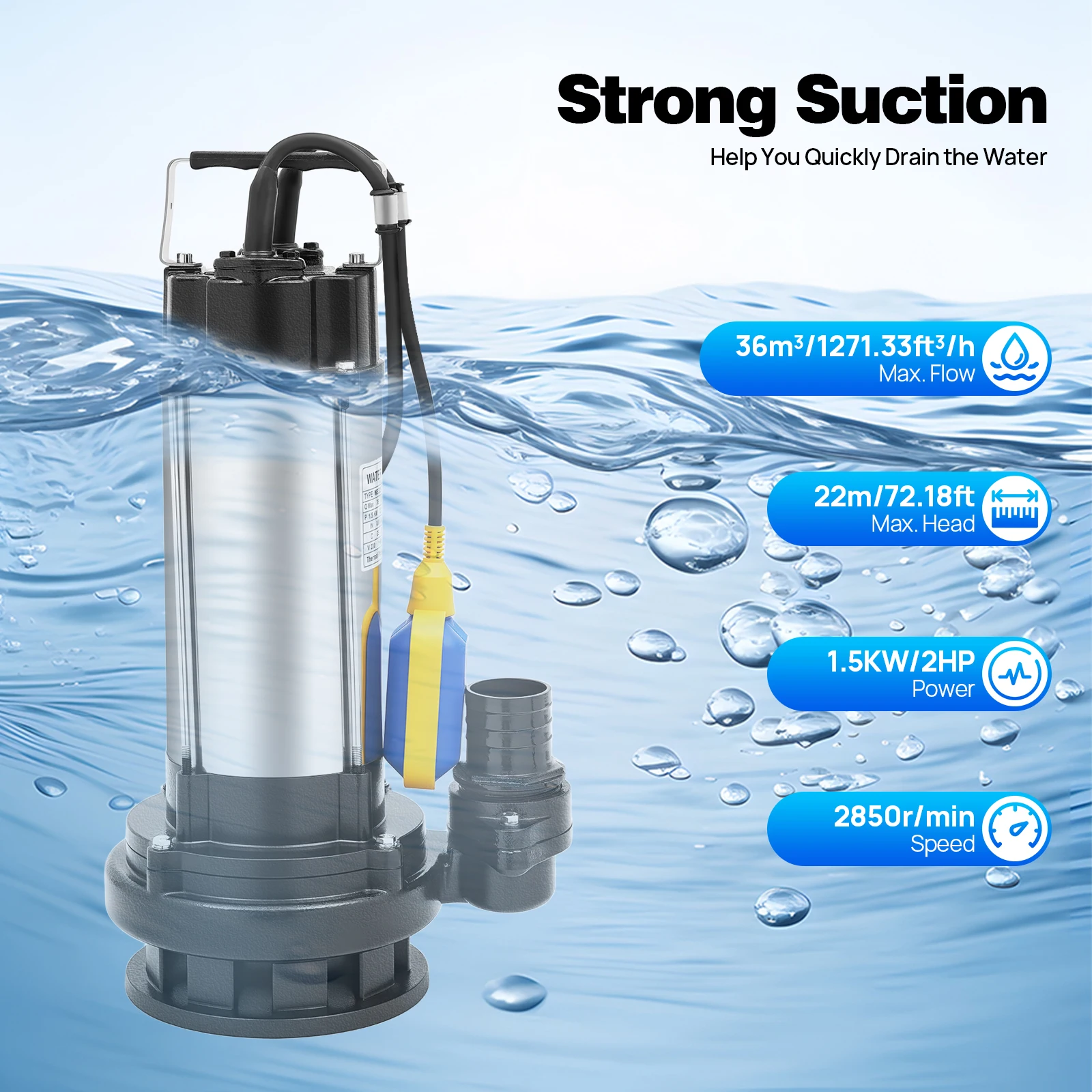 2HP Submersible Water Pump 1500W, 36000L/H Stainless Steel Sump Pump with Float Switch, Clean & Dirty Water Drainage for Swimming Pool, Farm, Industry