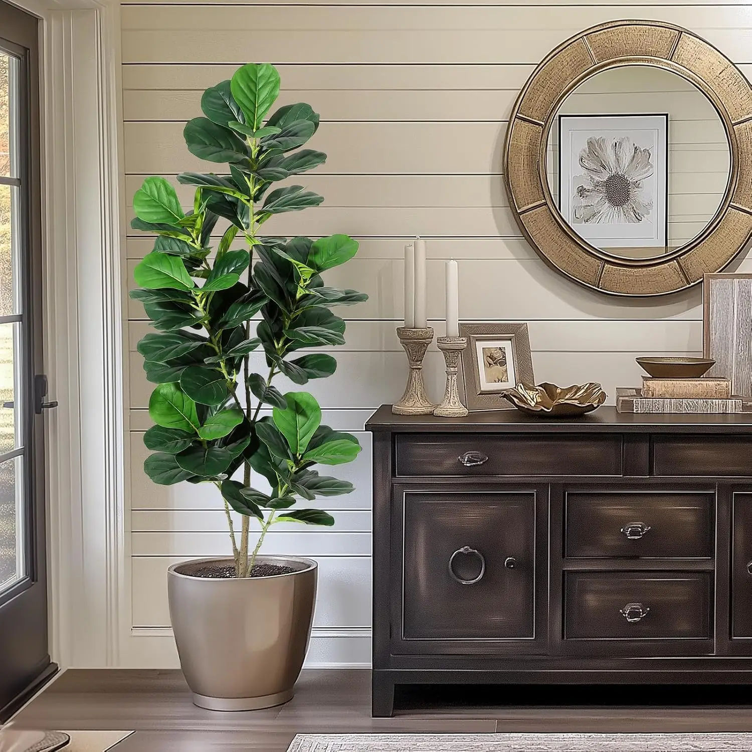 Artificial Fiddle Leaf Fig Tree Large Faux Plant Tree with Black Planter Pot Fake Potted for Indoor Outdoor Home Office Decor
