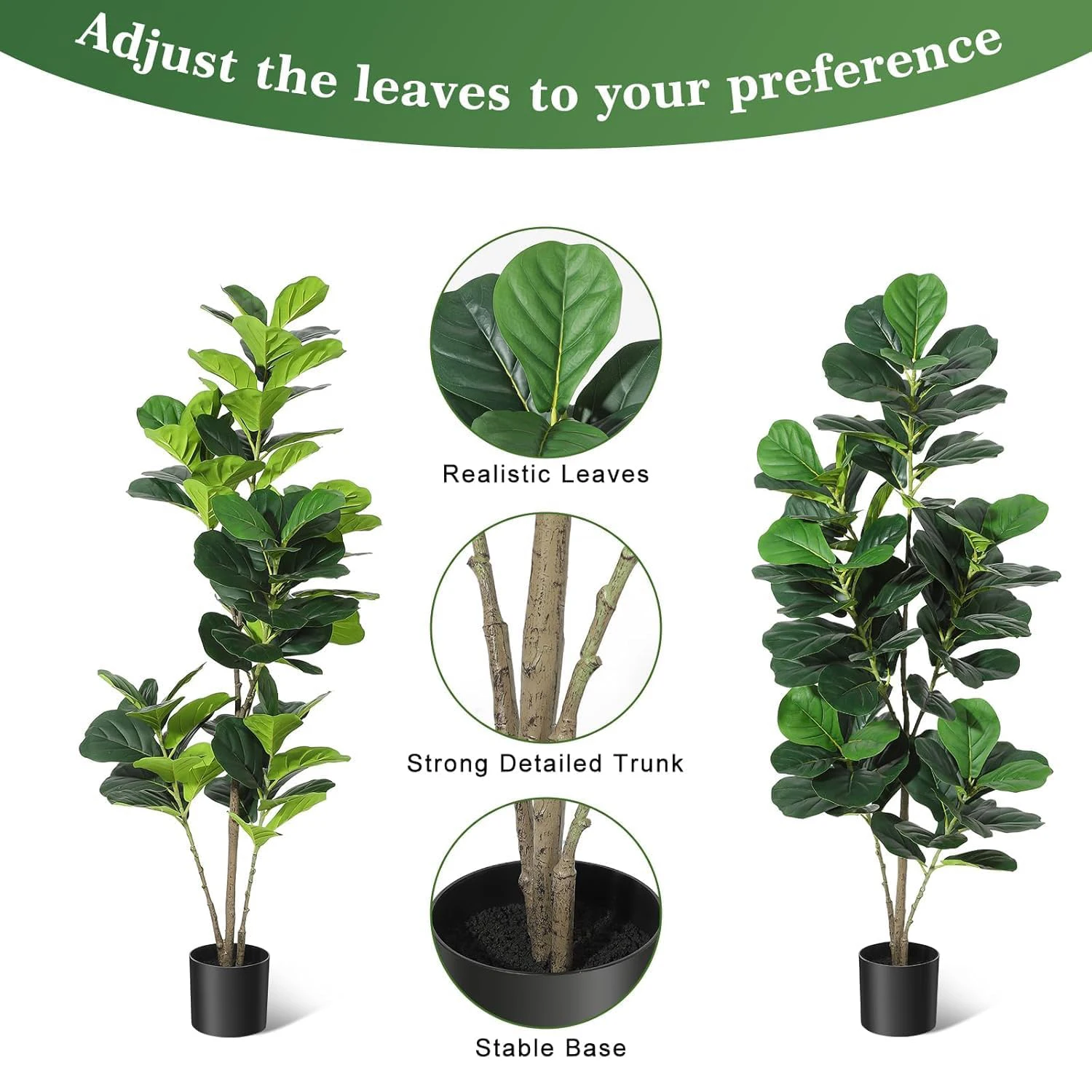 Artificial Fiddle Leaf Fig Tree Large Faux Plant Tree with Black Planter Pot Fake Potted for Indoor Outdoor Home Office Decor