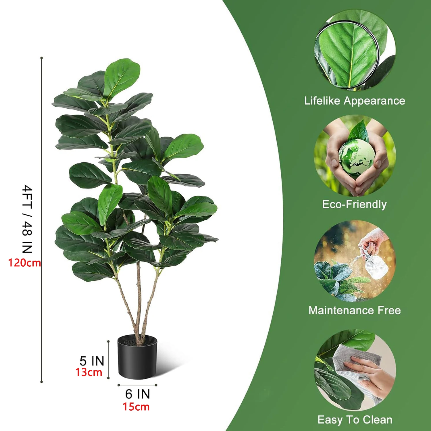 Artificial Fiddle Leaf Fig Tree Large Faux Plant Tree with Black Planter Pot Fake Potted for Indoor Outdoor Home Office Decor