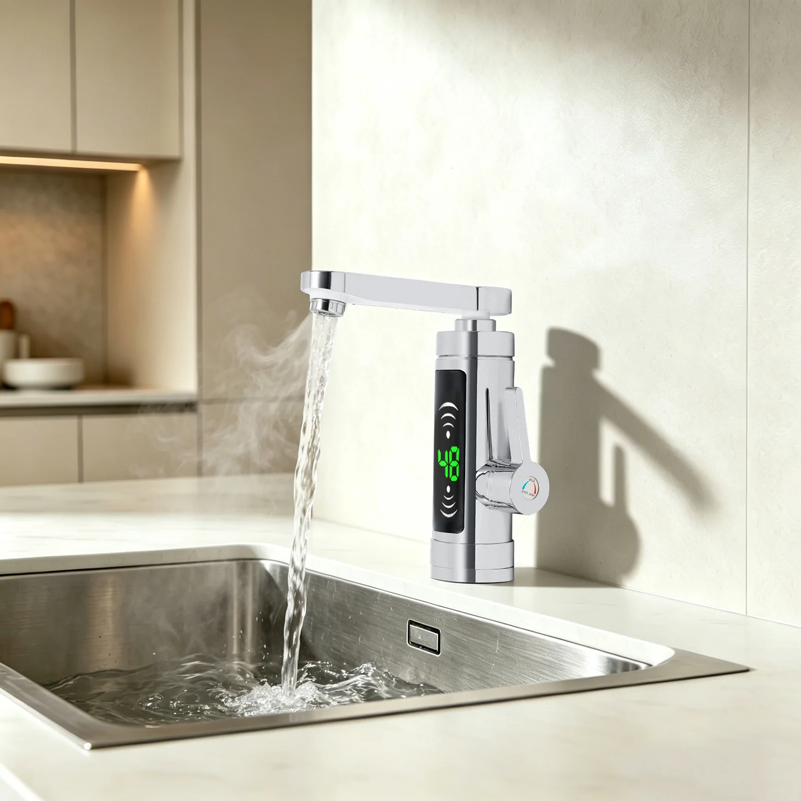 Electric Heating Faucet 3000W, Fast Heating 3s 77-131°F, Kitchen Sink Tap with LED Temperature Display EU Plug
