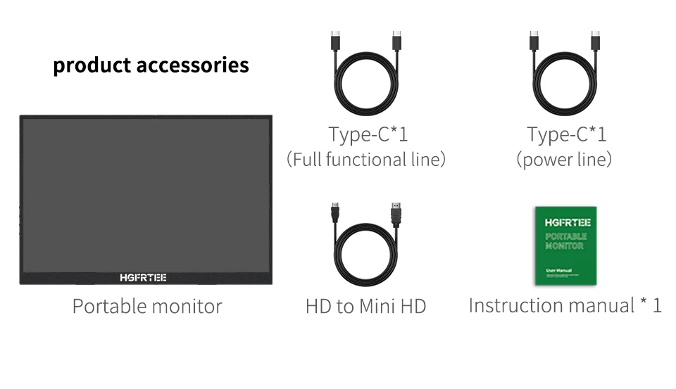 HGFRTEE 16 inch Portable Monitor 100%sRGB FHD 60HZ Laptop Monitor VESA Hole Eye Care External Second Screen for PC Phone MAC