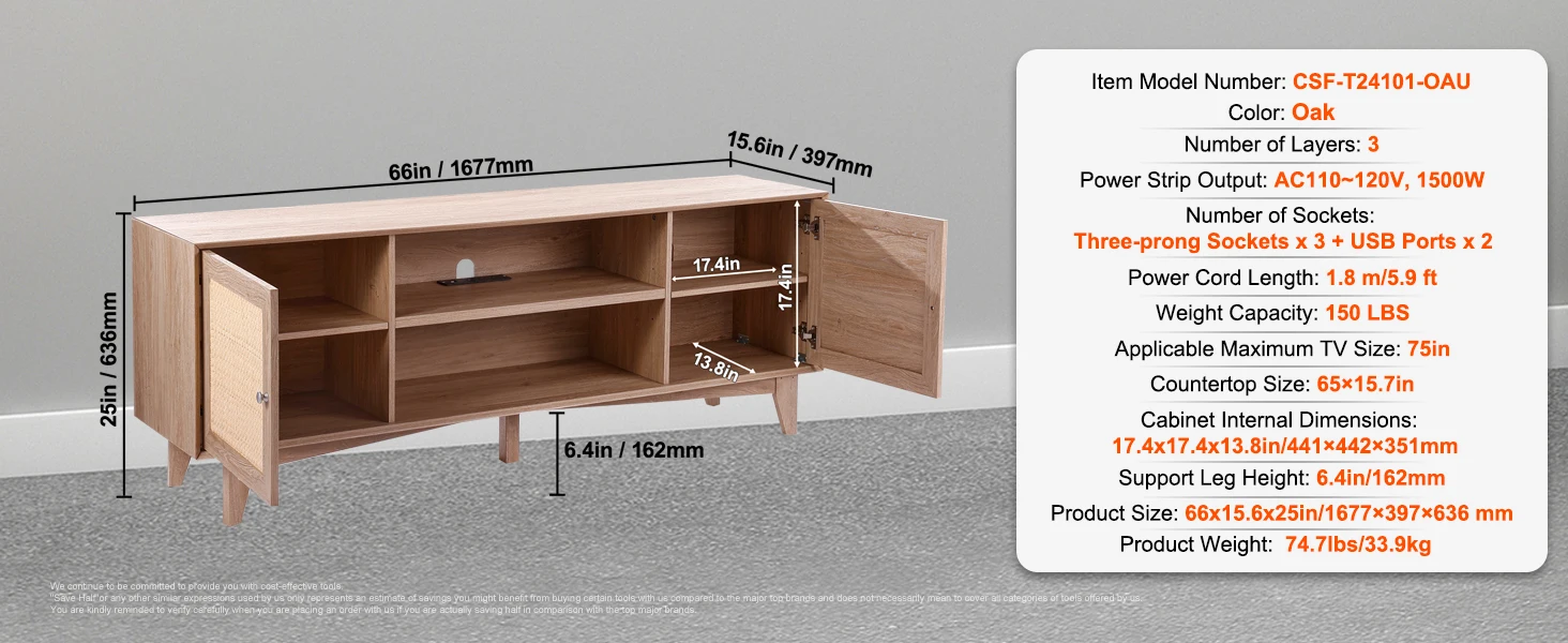 SucceBuy Rattan TV Stand Mid Century Modern TV Stand with Build-in Socket USB Ports Adjustable Shelfs for Living Room Media Room