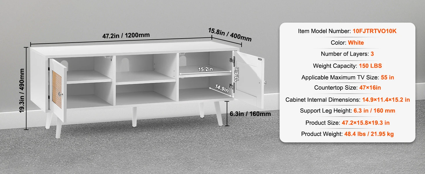 SucceBuy Rattan TV Stand Mid Century Modern TV Stand with Build-in Socket USB Ports Adjustable Shelfs for Living Room Media Room