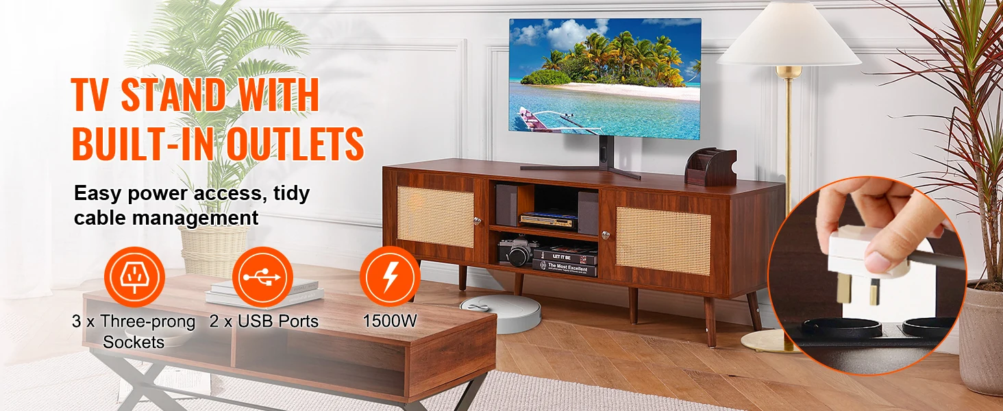 SucceBuy Rattan TV Stand Mid Century Modern TV Stand with Build-in Socket USB Ports Adjustable Shelfs for Living Room Media Room