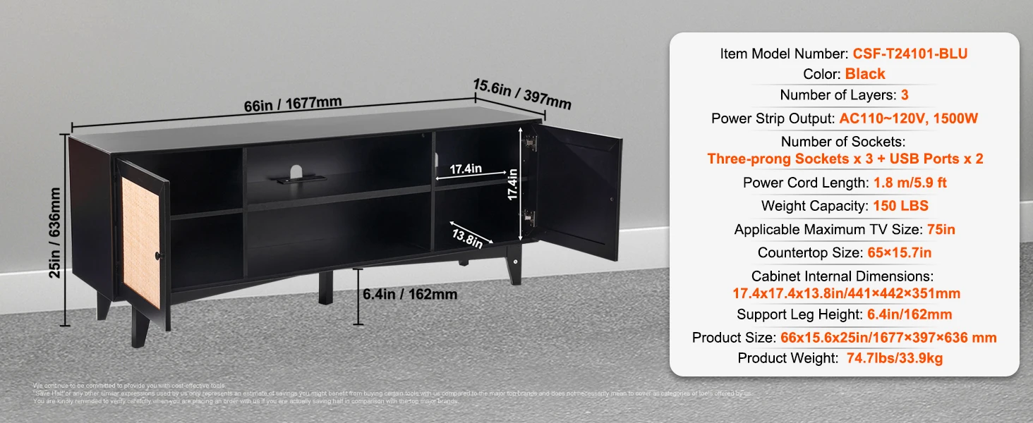 SucceBuy Rattan TV Stand Mid Century Modern TV Stand with Build-in Socket USB Ports Adjustable Shelfs for Living Room Media Room