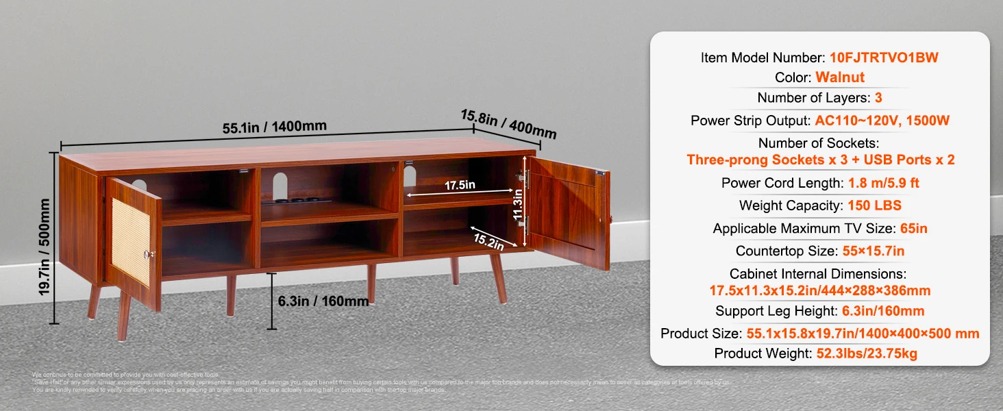 SucceBuy Rattan TV Stand Mid Century Modern TV Stand with Build-in Socket USB Ports Adjustable Shelfs for Living Room Media Room