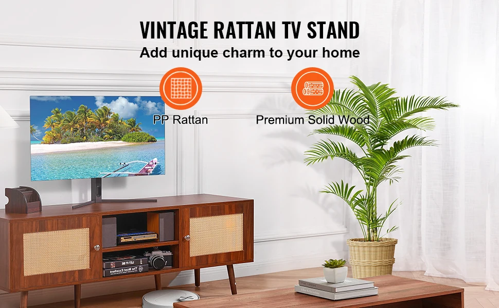 SucceBuy Rattan TV Stand Mid Century Modern TV Stand with Build-in Socket USB Ports Adjustable Shelfs for Living Room Media Room