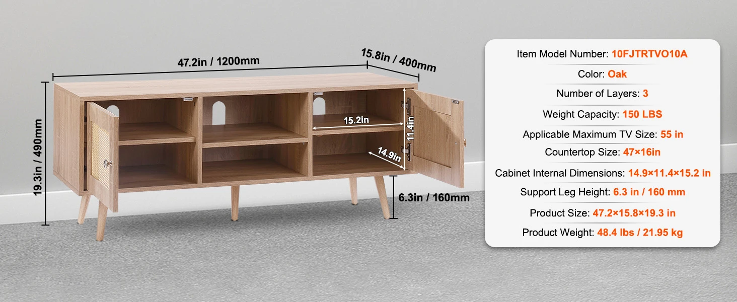 SucceBuy Rattan TV Stand Mid Century Modern TV Stand with Build-in Socket USB Ports Adjustable Shelfs for Living Room Media Room