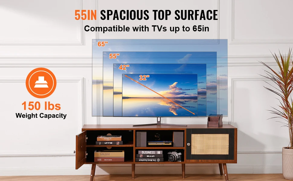 SucceBuy Rattan TV Stand Mid Century Modern TV Stand with Build-in Socket USB Ports Adjustable Shelfs for Living Room Media Room
