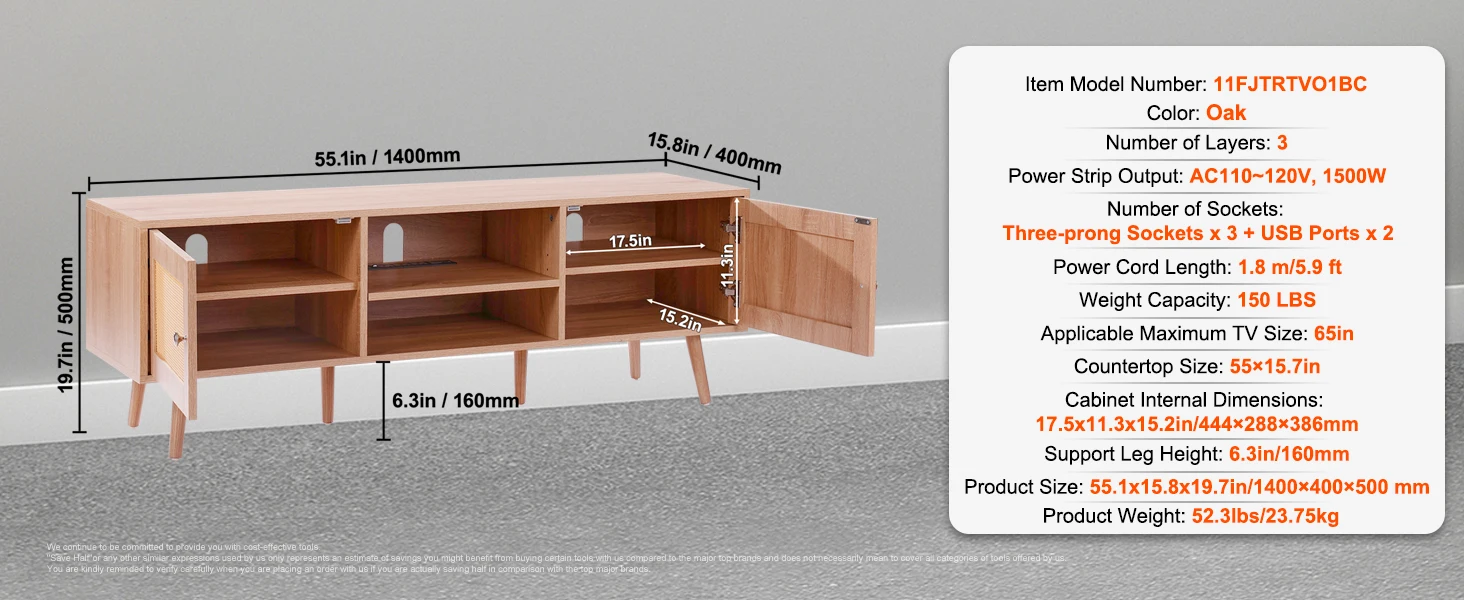 SucceBuy Rattan TV Stand Mid Century Modern TV Stand with Build-in Socket USB Ports Adjustable Shelfs for Living Room Media Room