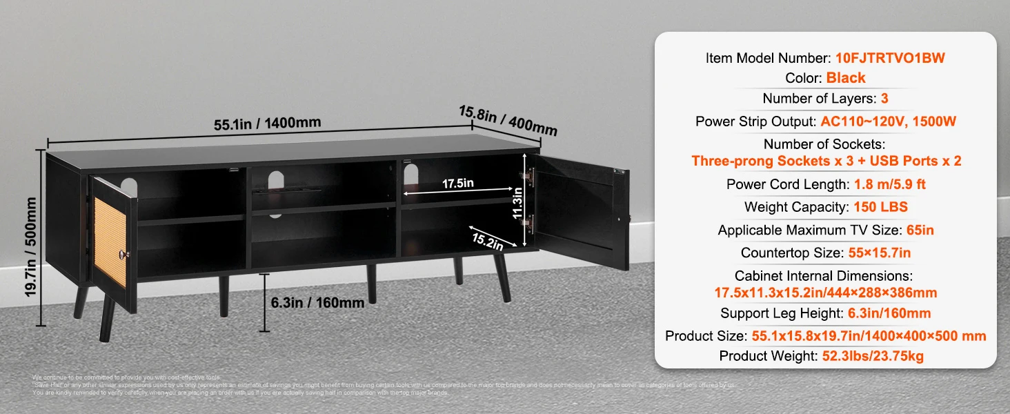 SucceBuy Rattan TV Stand Mid Century Modern TV Stand with Build-in Socket USB Ports Adjustable Shelfs for Living Room Media Room