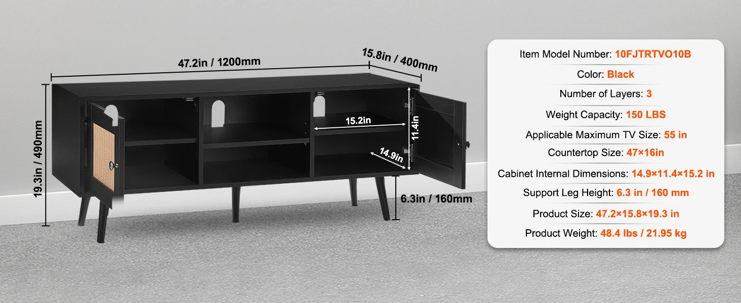 SucceBuy Rattan TV Stand Mid Century Modern TV Stand with Build-in Socket USB Ports Adjustable Shelfs for Living Room Media Room