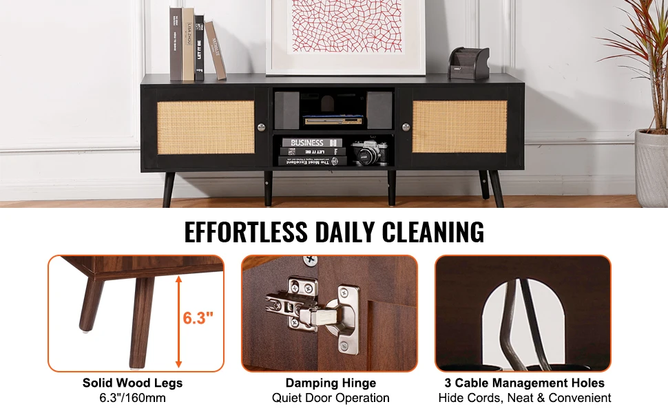 SucceBuy Rattan TV Stand Mid Century Modern TV Stand with Build-in Socket USB Ports Adjustable Shelfs for Living Room Media Room