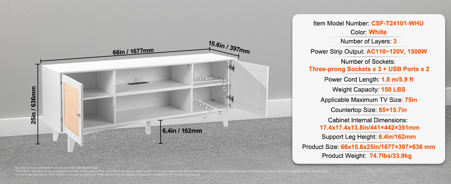 SucceBuy Rattan TV Stand Mid Century Modern TV Stand with Build-in Socket USB Ports Adjustable Shelfs for Living Room Media Room