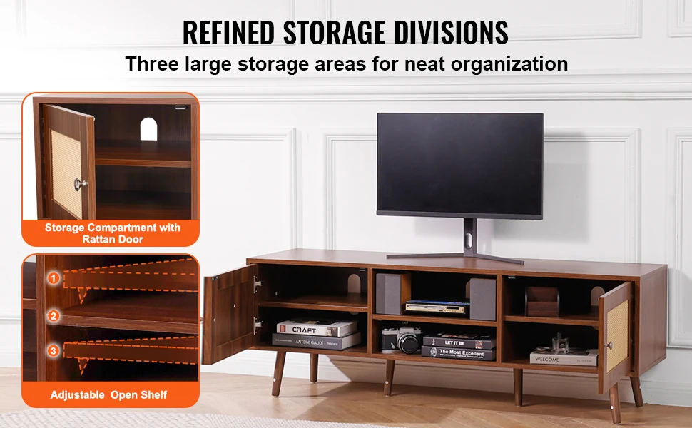 SucceBuy Rattan TV Stand Mid Century Modern TV Stand with Build-in Socket USB Ports Adjustable Shelfs for Living Room Media Room