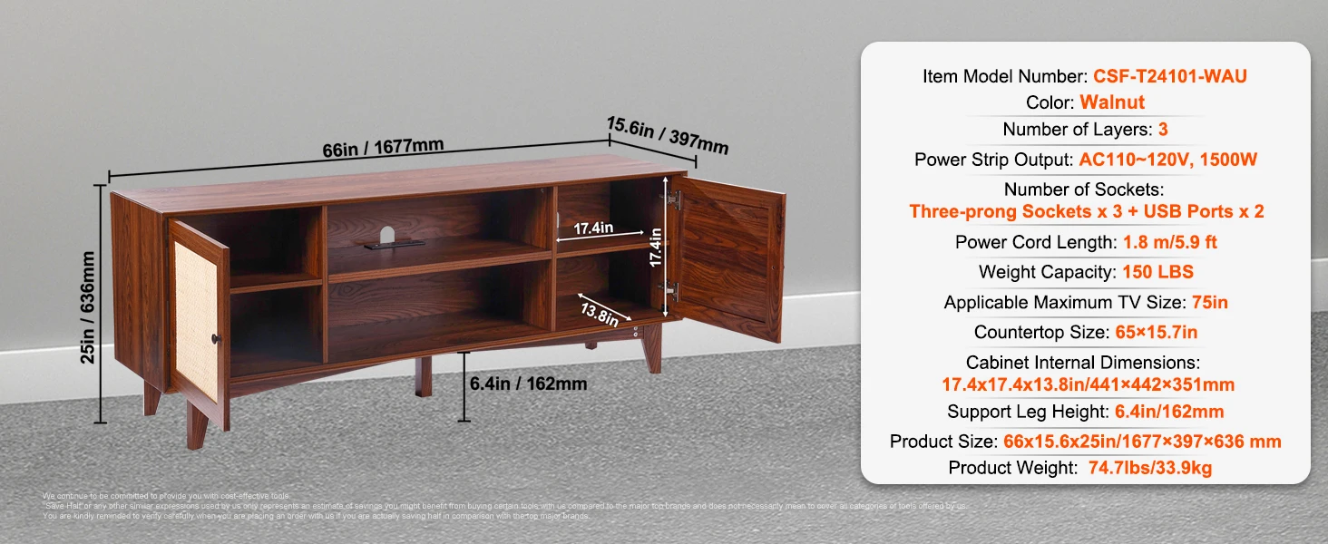 SucceBuy Rattan TV Stand Mid Century Modern TV Stand with Build-in Socket USB Ports Adjustable Shelfs for Living Room Media Room
