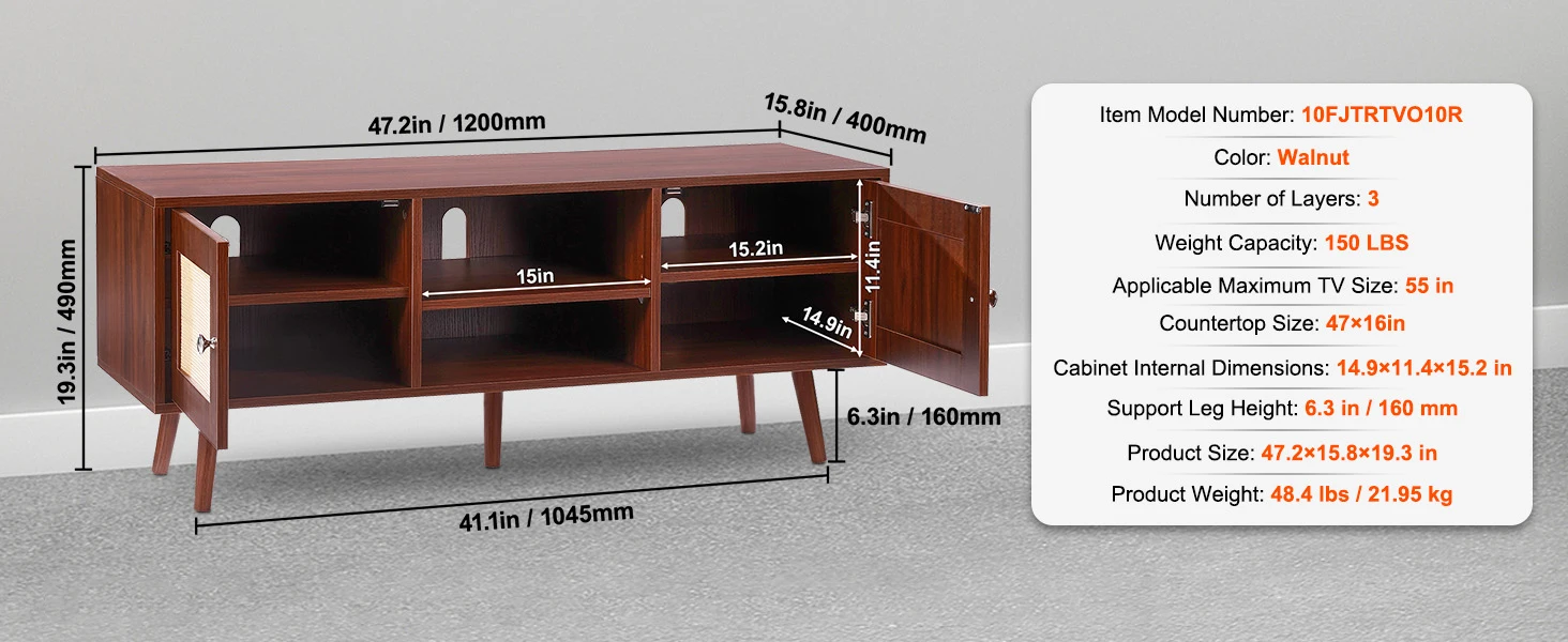 SucceBuy Rattan TV Stand Mid Century Modern TV Stand with Build-in Socket USB Ports Adjustable Shelfs for Living Room Media Room