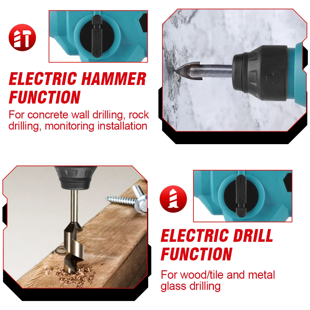 ONEVAN 1000W 3600RPM Electric Rotary Hammer Rechargeable Electric Hammer Impact Drill Woodworking Tools For Makita Battery Pin