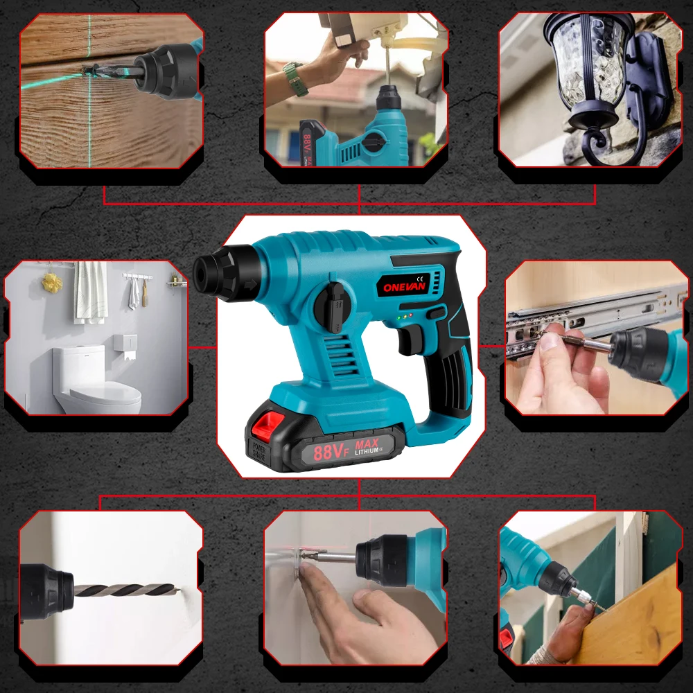 ONEVAN 1000W 3600RPM Electric Rotary Hammer Rechargeable Electric Hammer Impact Drill Woodworking Tools For Makita Battery Pin