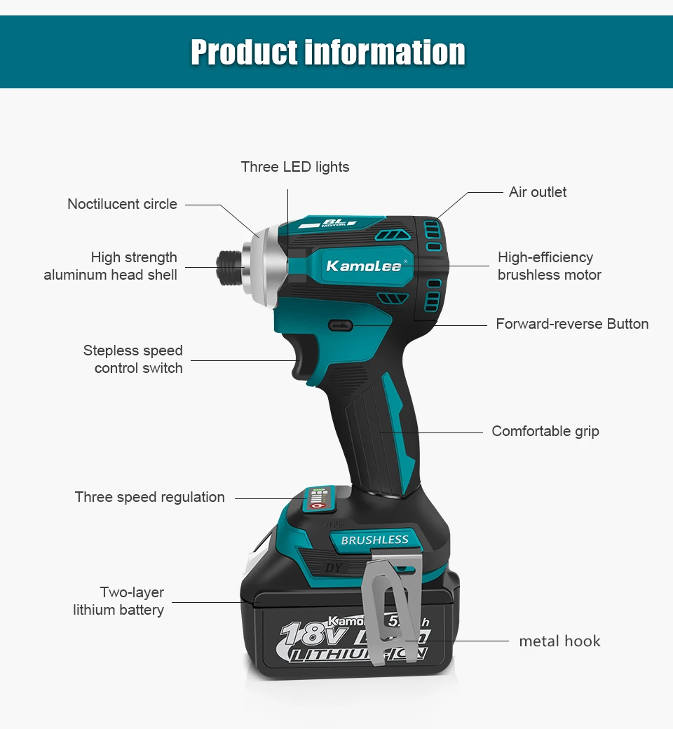 Kamolee 588Nm Cordless Electric Impact Brushless Wrench 5 Speed Screwdriver Power Tool 1/4" with 3 LED Light for Makita Battery