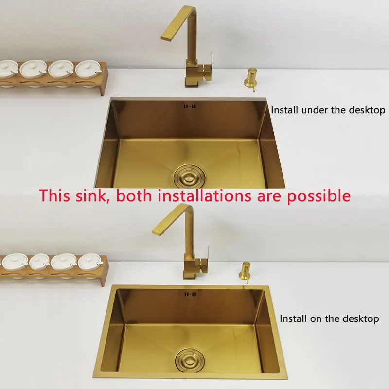 Gold Kitchen Sink 304 Stainless Steel sinks Above Counter or Undermount Installation Single small Bar Golden Washing Basin