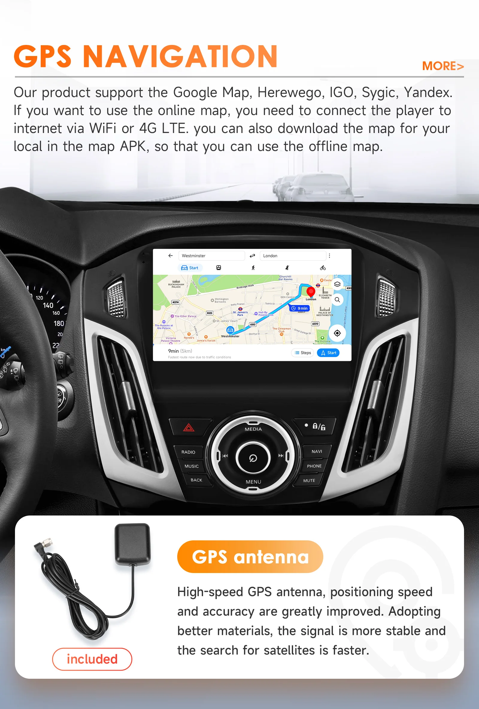 Hizpo 9inch 2Din CarPlay Android Auto Car Radio for Ford Focus 3 MK3 2011 - 2017 Snapdragon6115 GPS Navigation RDS DSP 4G BT SWC 360°CAM